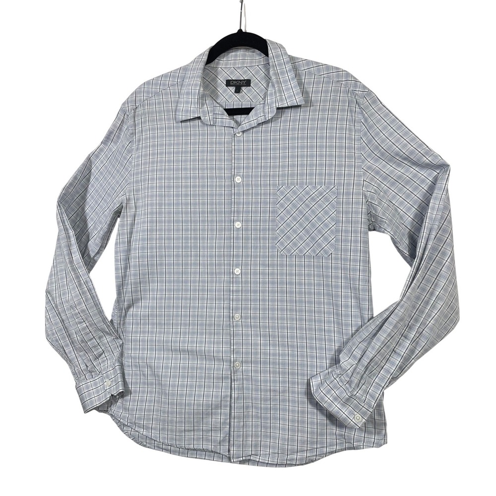 DKNY‎ Mens Large Plaid Long Sleeve Button Down Shirt Cotton Blue White